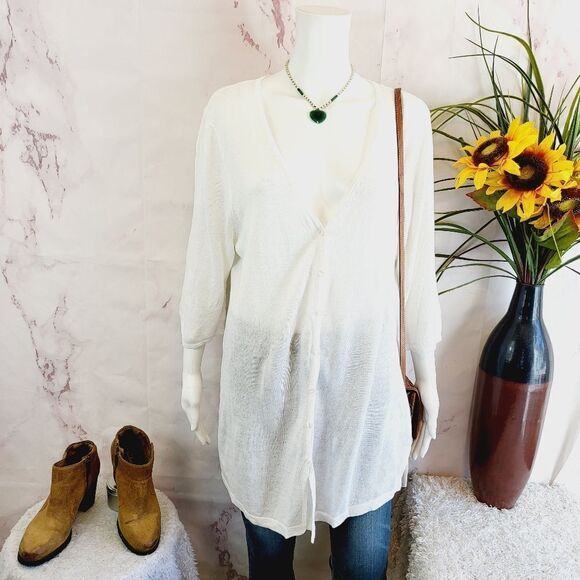 J. Jill linen cotton blend white pearl button cardigan sweater - Picture 5 of 7